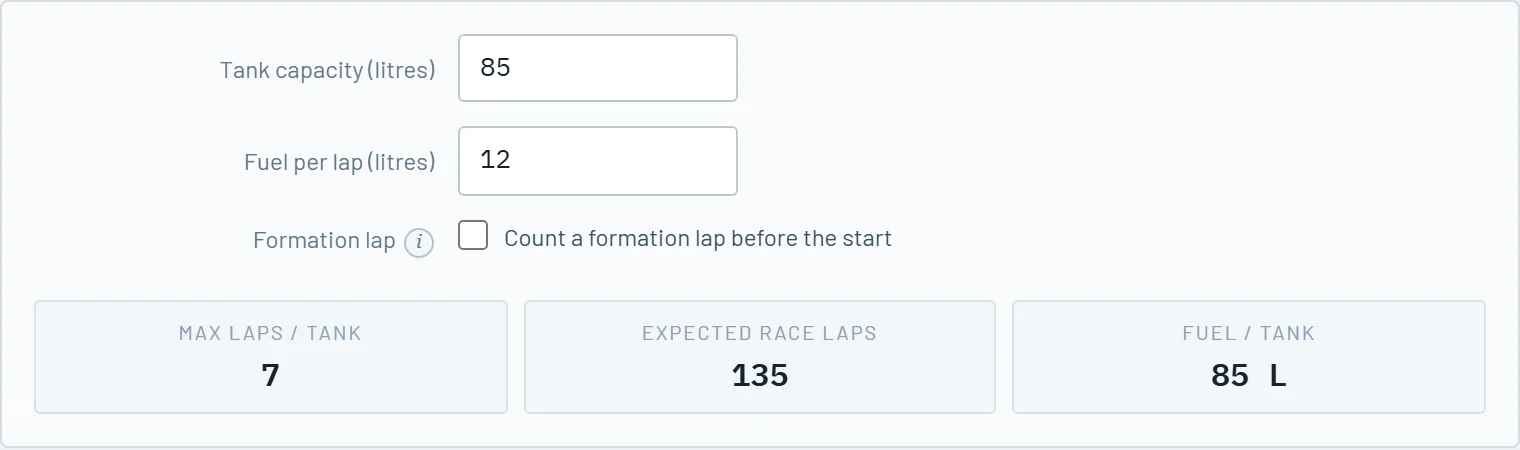 Fuel settings with maximum laps per tank and expected race laps