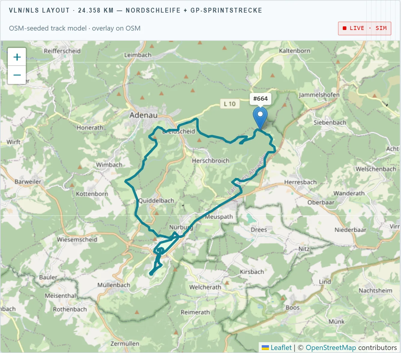 Live map with the track model of the Nordschleife and the last known position of a car (demo feed)